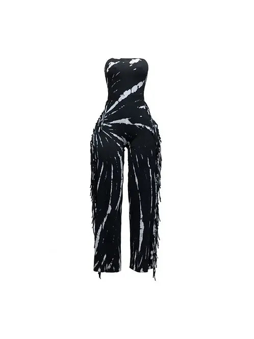 Tie-Dye Fringe Strapless Jumpsuit