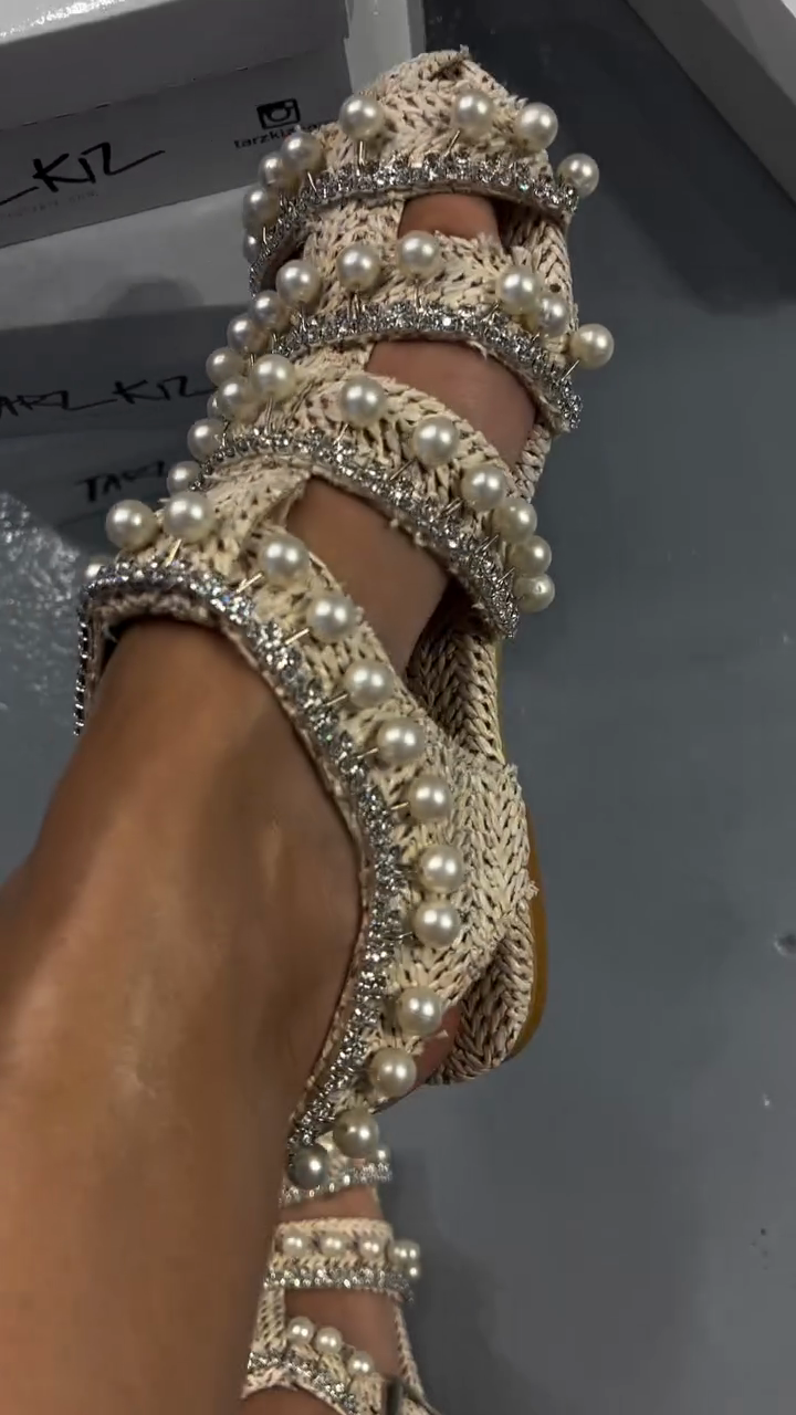 Beige Woven Pearl & Crystal Fisherman Sandals