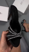 Black Satin Crystal Crisscross Stiletto Mules