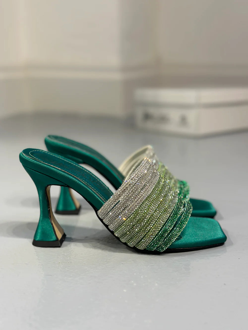 Gradient Crystal Block Heel Mules