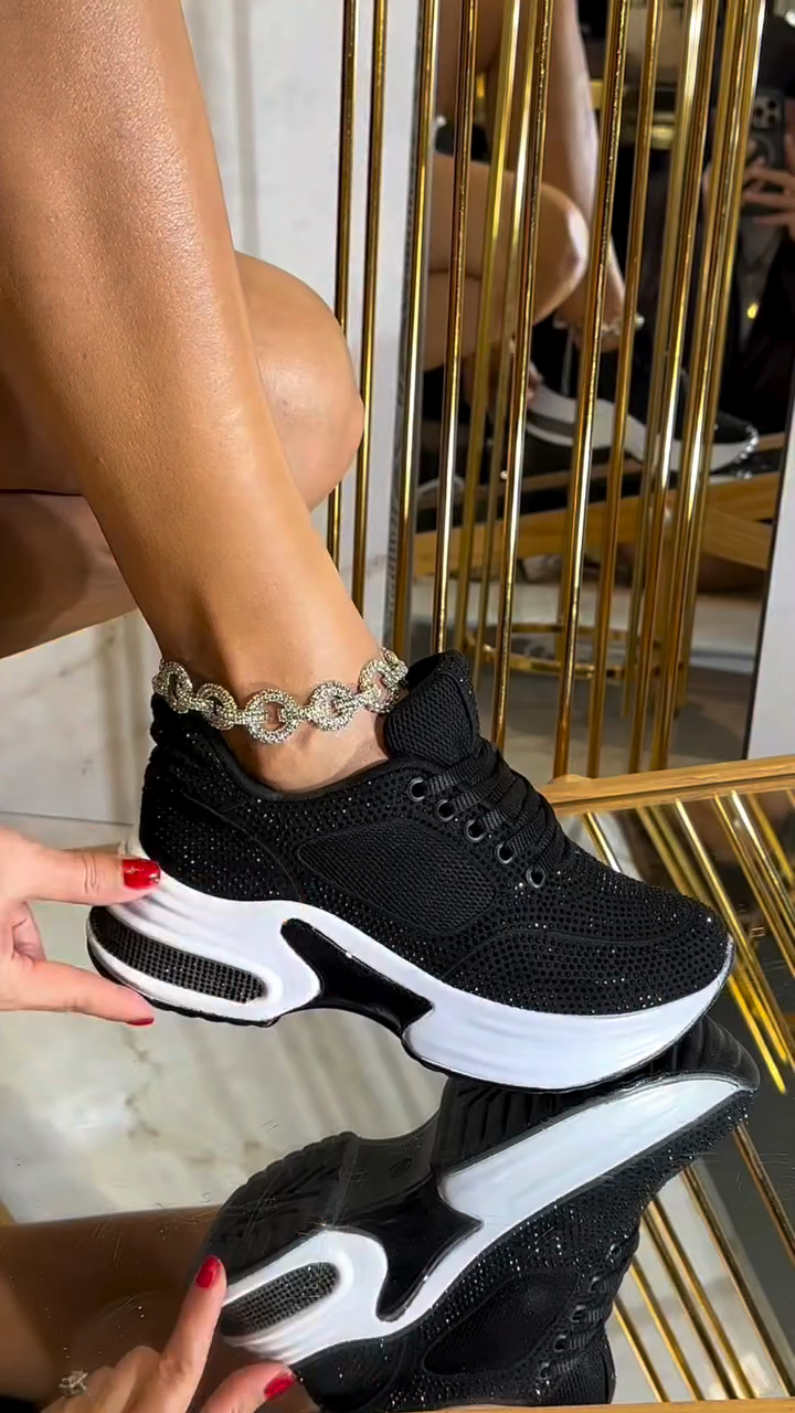 Black Rhinestone-Embellished Platform Sneakers