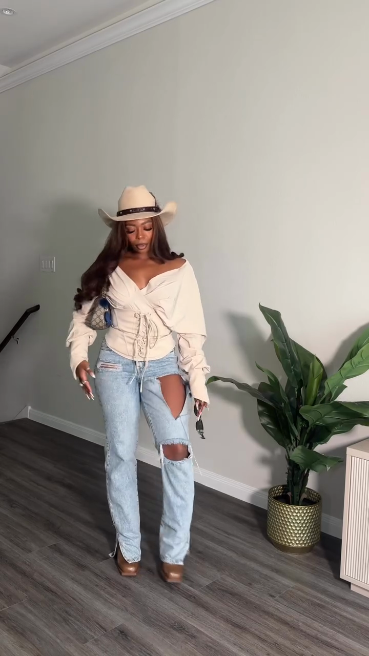Cream Off-Shoulder Corset Top + Light Wash Distressed Split-Hem Jeans Set