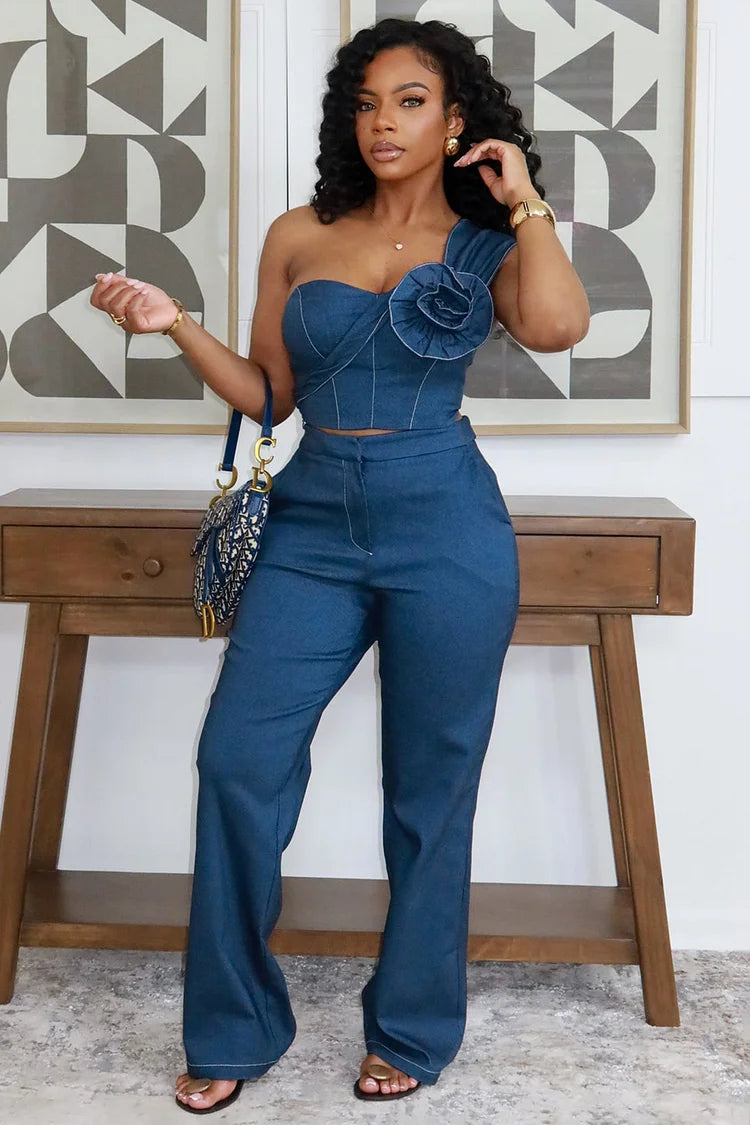 Denim One-Shoulder Flower Two-Piece Set