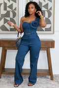 Denim One-Shoulder Flower Two-Piece Set