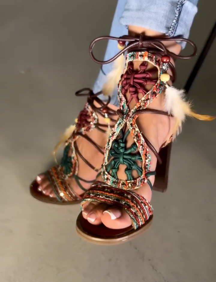 Boho Multicolor Woven Dreamcatcher Feather Block Heel Gladiator Sandals