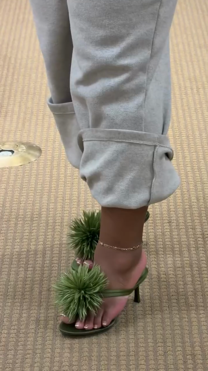 Green Feather Pom-Pom Heeled Sandals