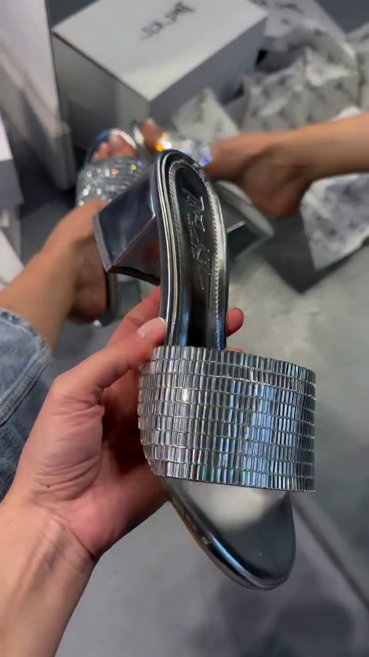 Silver Rhinestone-Embellished Block Heel Mules
