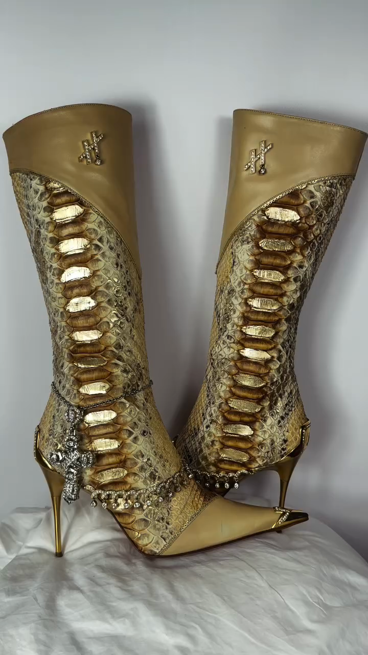 Luxury Python Snakeskin & Leather Crystal Embellished Knee-High Stiletto Boots