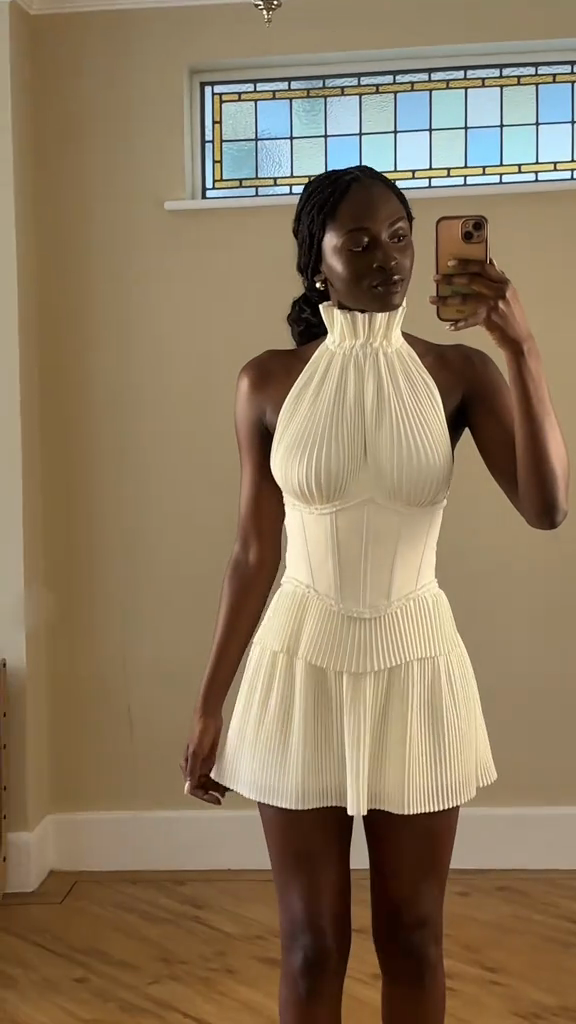 White Pleated Halter Corset Mini Dress