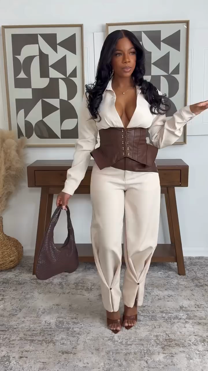 Corset Waist Shirt & Wide-Leg Pants Set