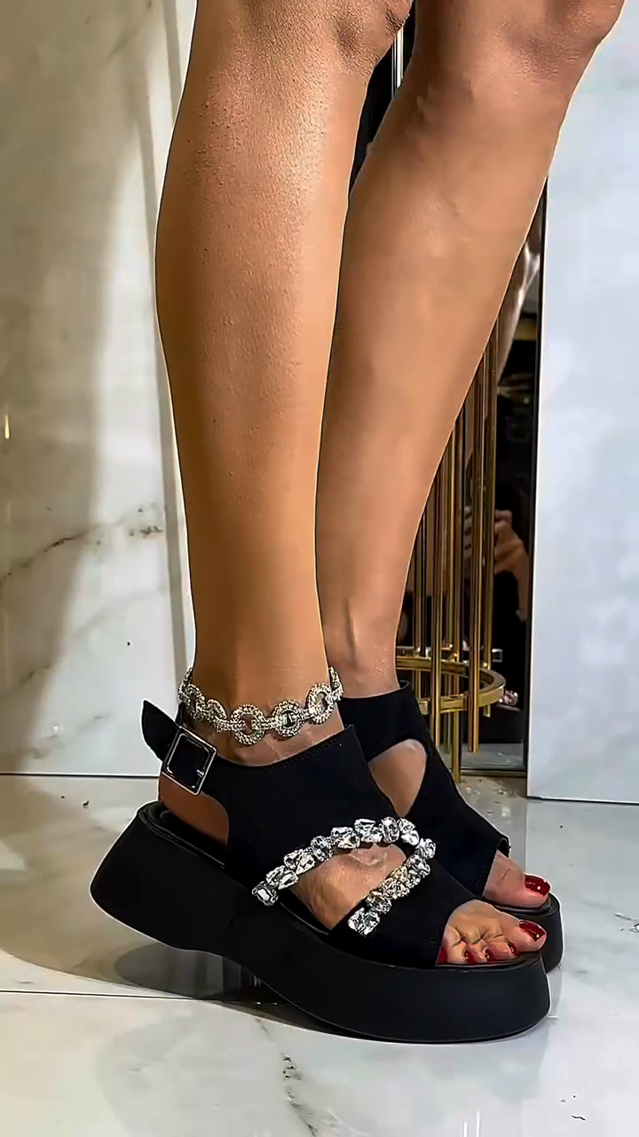 Black Rhinestone-Embellished Platform Sandals