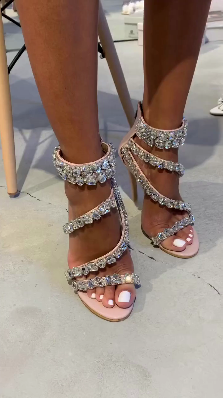 Blush Pink Crystal Embellished Multi-Strap Stiletto Heel Sandals