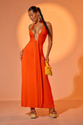 Orange Deep Plunge Halter Maxi Dress