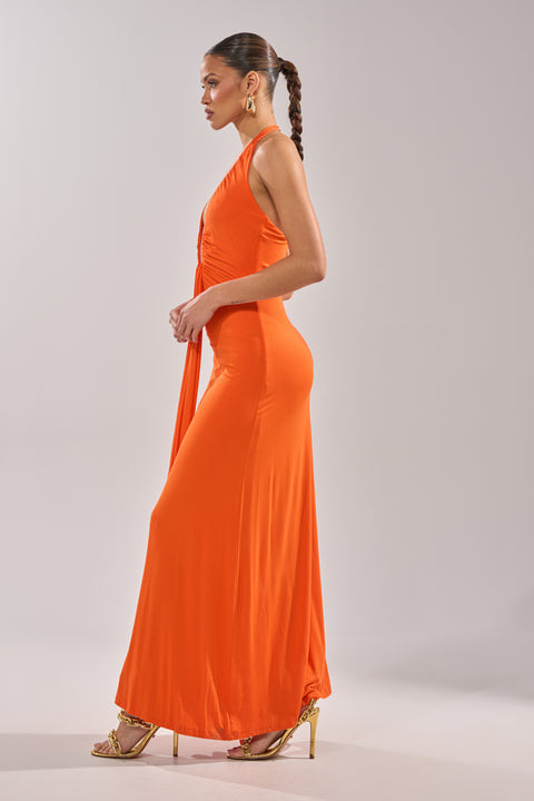 Orange Deep Plunge Halter Maxi Dress