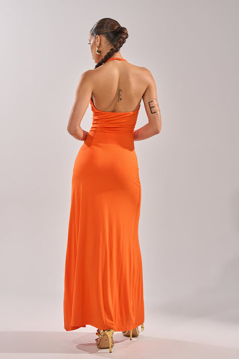 Orange Deep Plunge Halter Maxi Dress