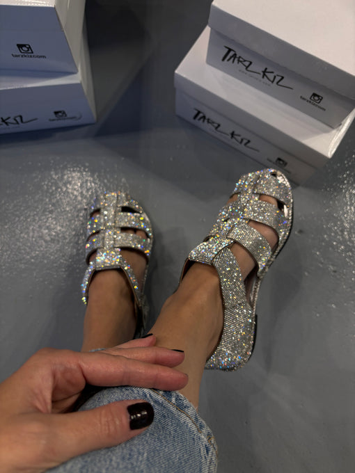 Silver Crystal-Embellished Fisherman Sandals