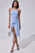 Snap Button Halter Denim Slit Skirt Set