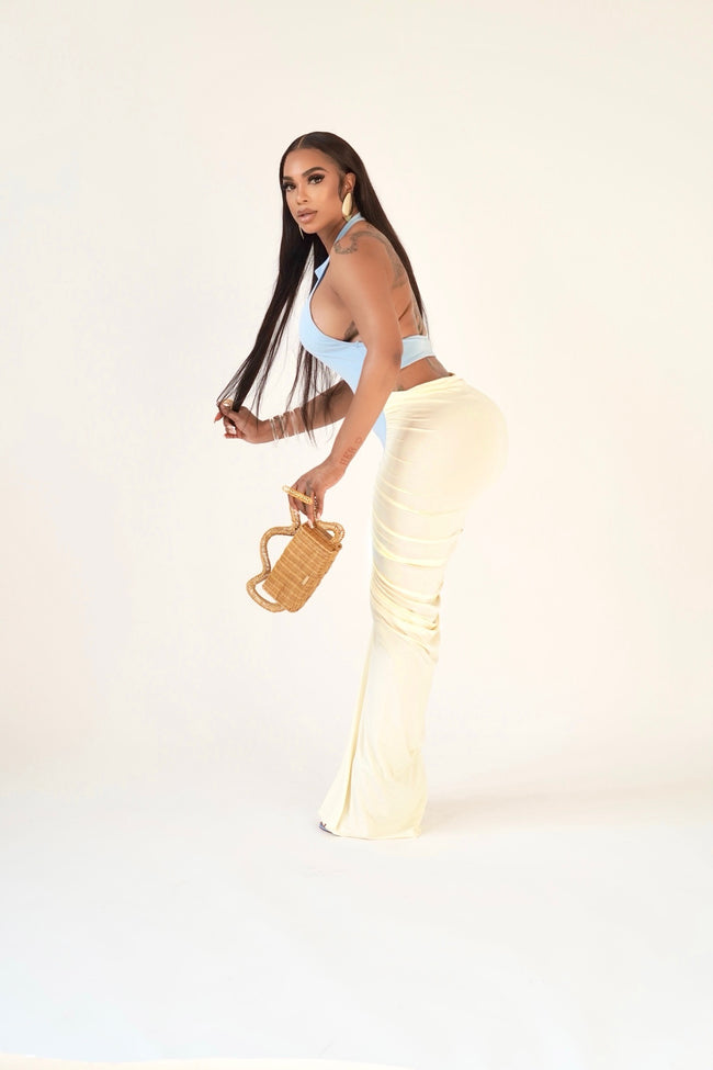 Sky Blue & Cream Ruched Halter Maxi Dress