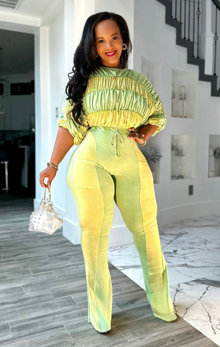 Lime Green Gradient Ruched Two-Piece Set