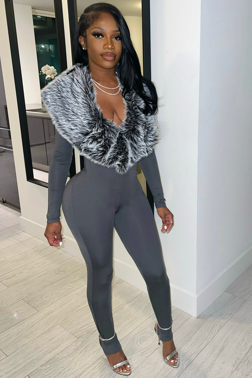 Luxury Faux Fur Collar Bodycon Jumpsuit