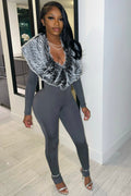 Luxury Faux Fur Collar Bodycon Jumpsuit