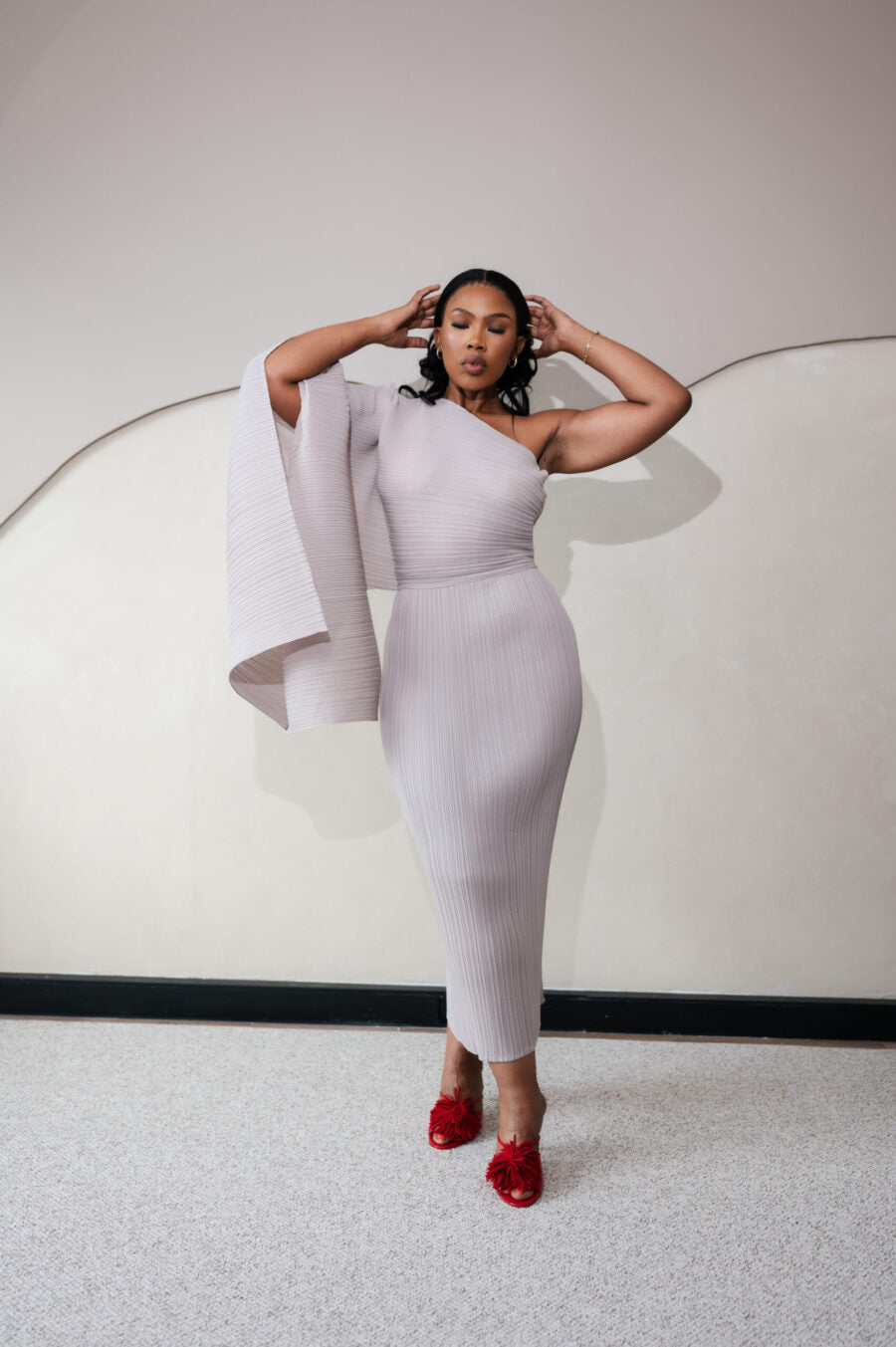 Pleated One-Shoulder Midi Dress