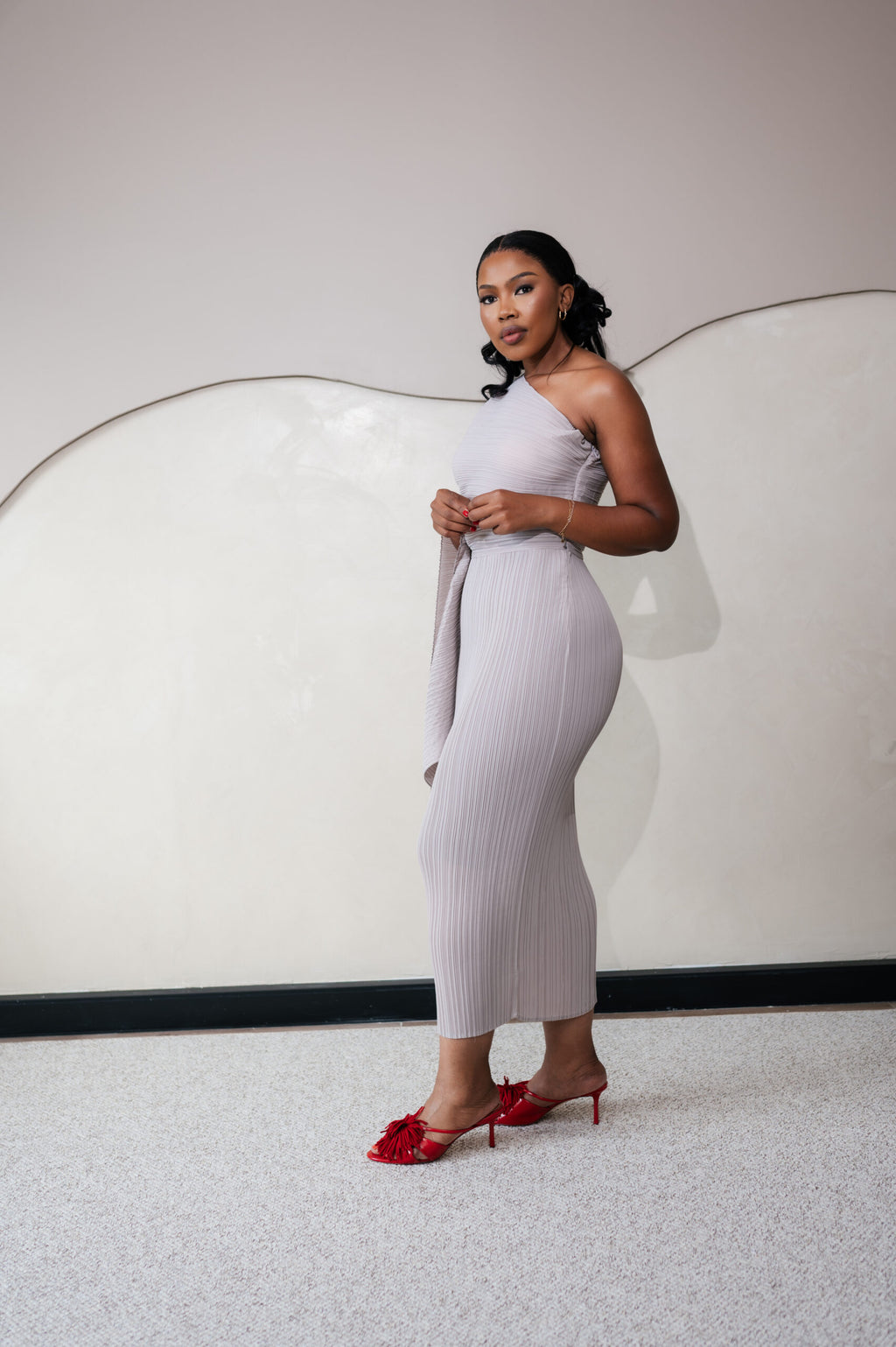Pleated One-Shoulder Midi Dress