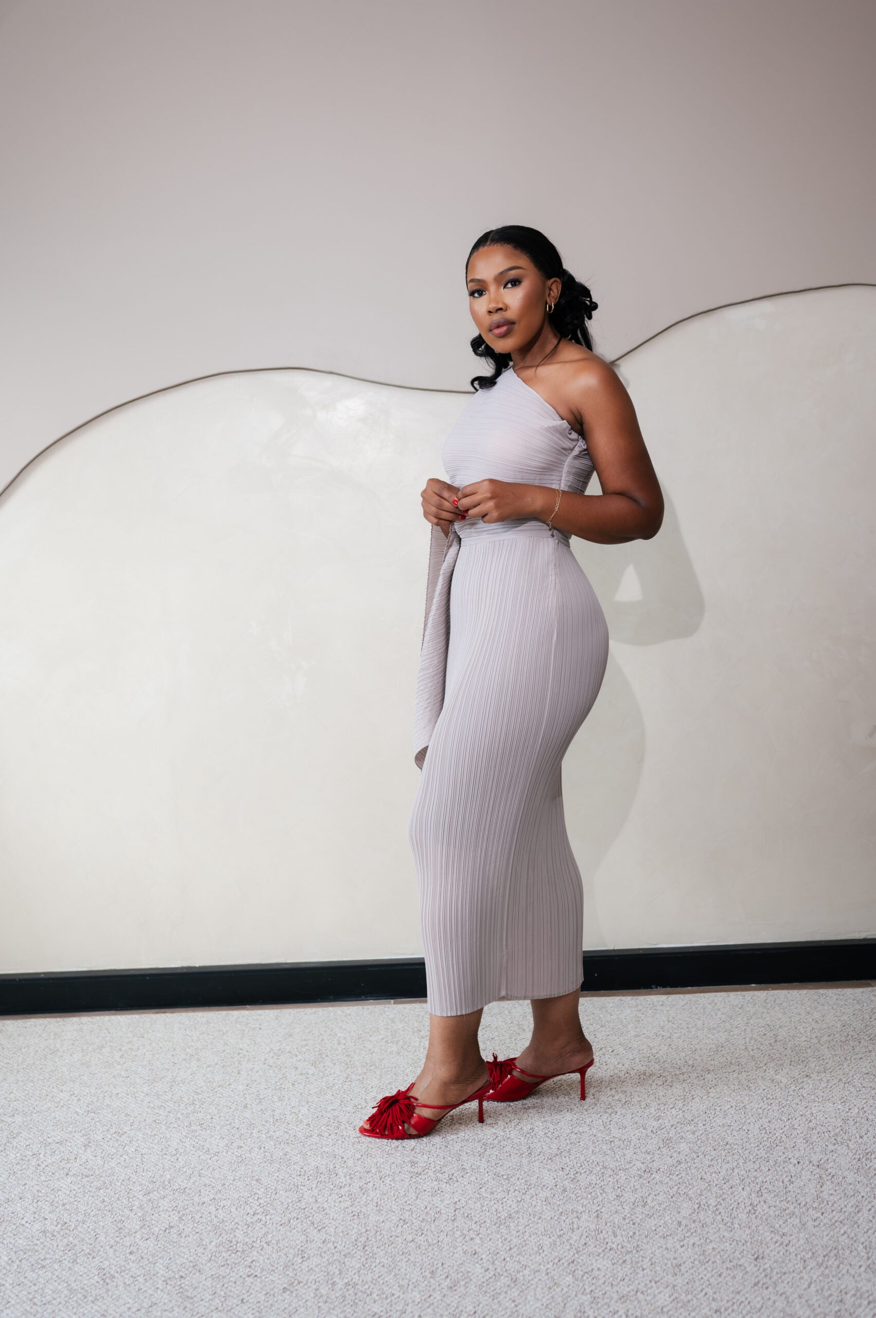 Pleated One-Shoulder Midi Dress