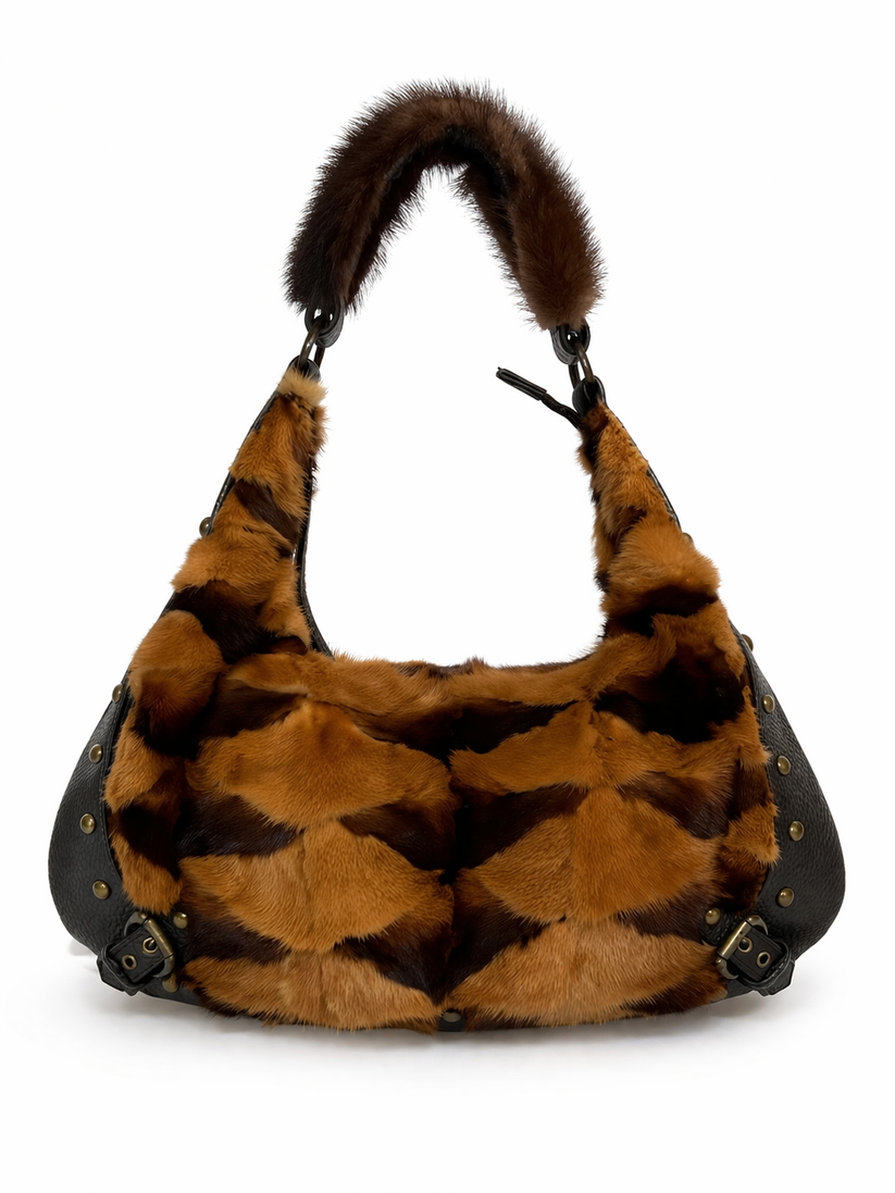 Brown & Black Mink Fur Patchwork Black Leather Hobo Shoulder Bag