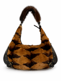 Brown & Black Mink Fur Patchwork Black Leather Hobo Shoulder Bag