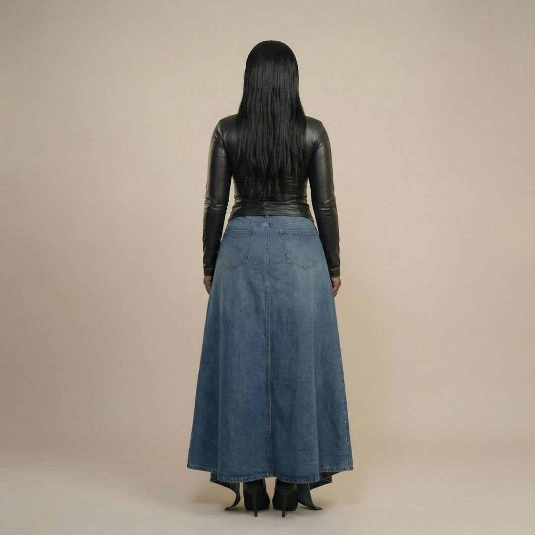 Denim High-Slit Maxi Skirt