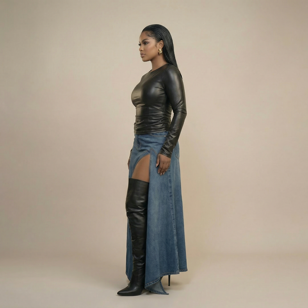 Denim High-Slit Maxi Skirt