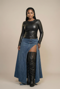 Denim High-Slit Maxi Skirt