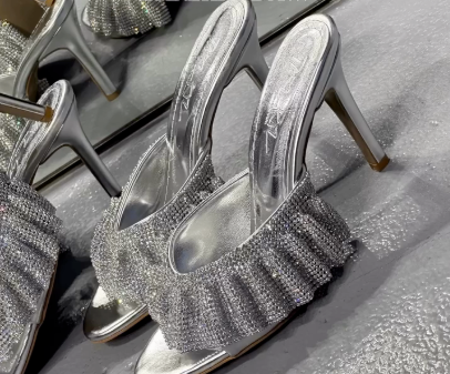 Silver Crystal Ruched Stiletto Mules