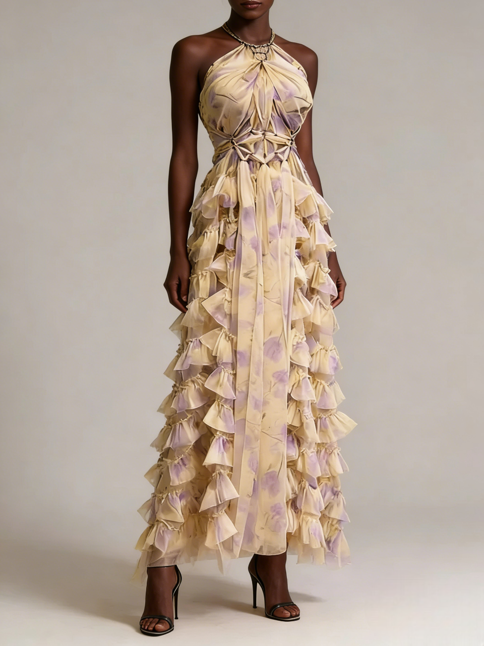Beige Lavender Floral Ruffle Maxi Dress
