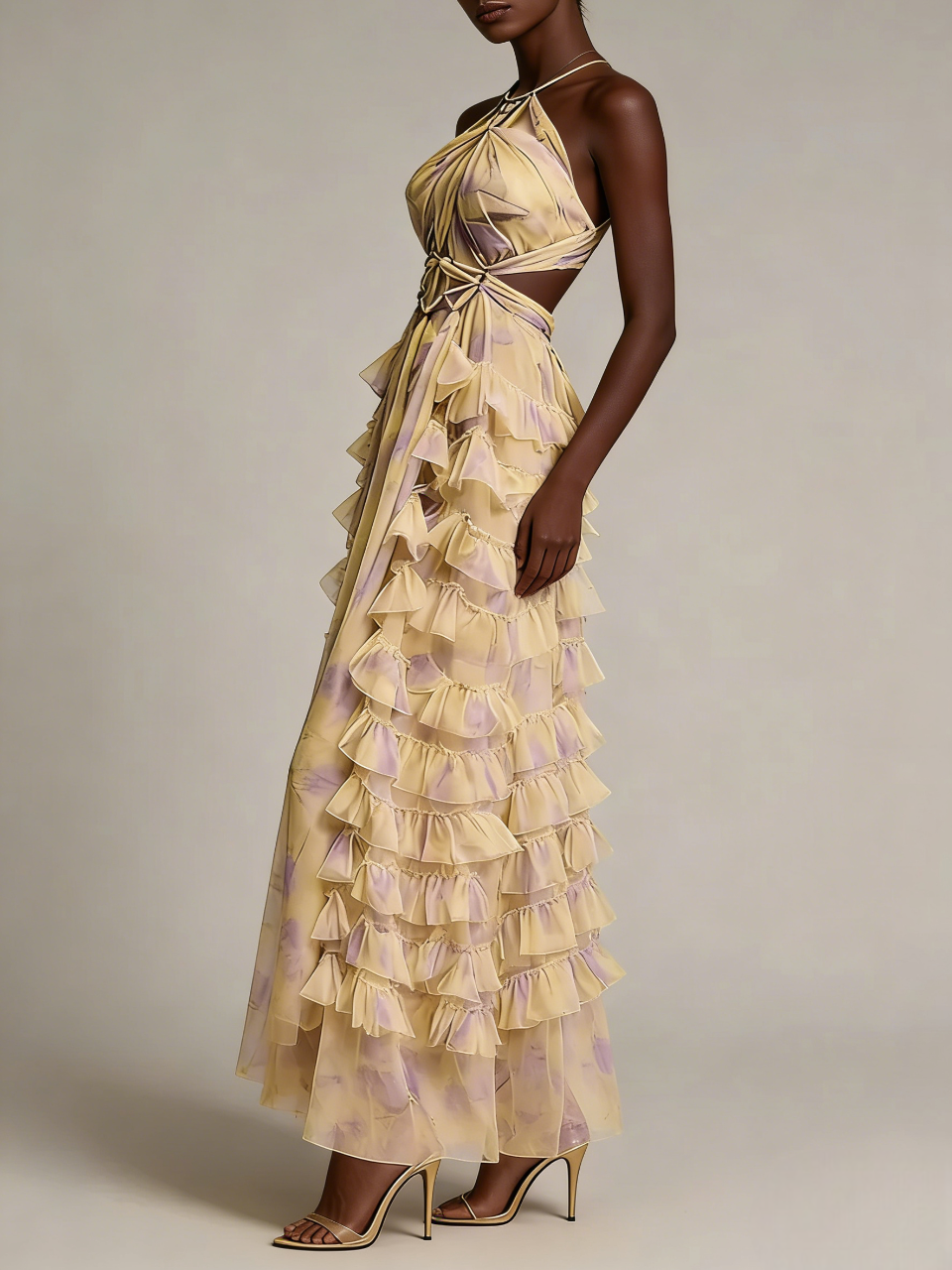 Beige Lavender Floral Ruffle Maxi Dress
