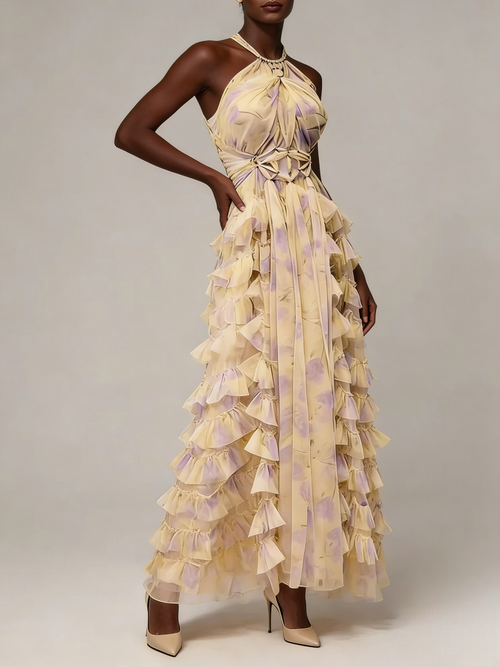 Beige Lavender Floral Ruffle Maxi Dress