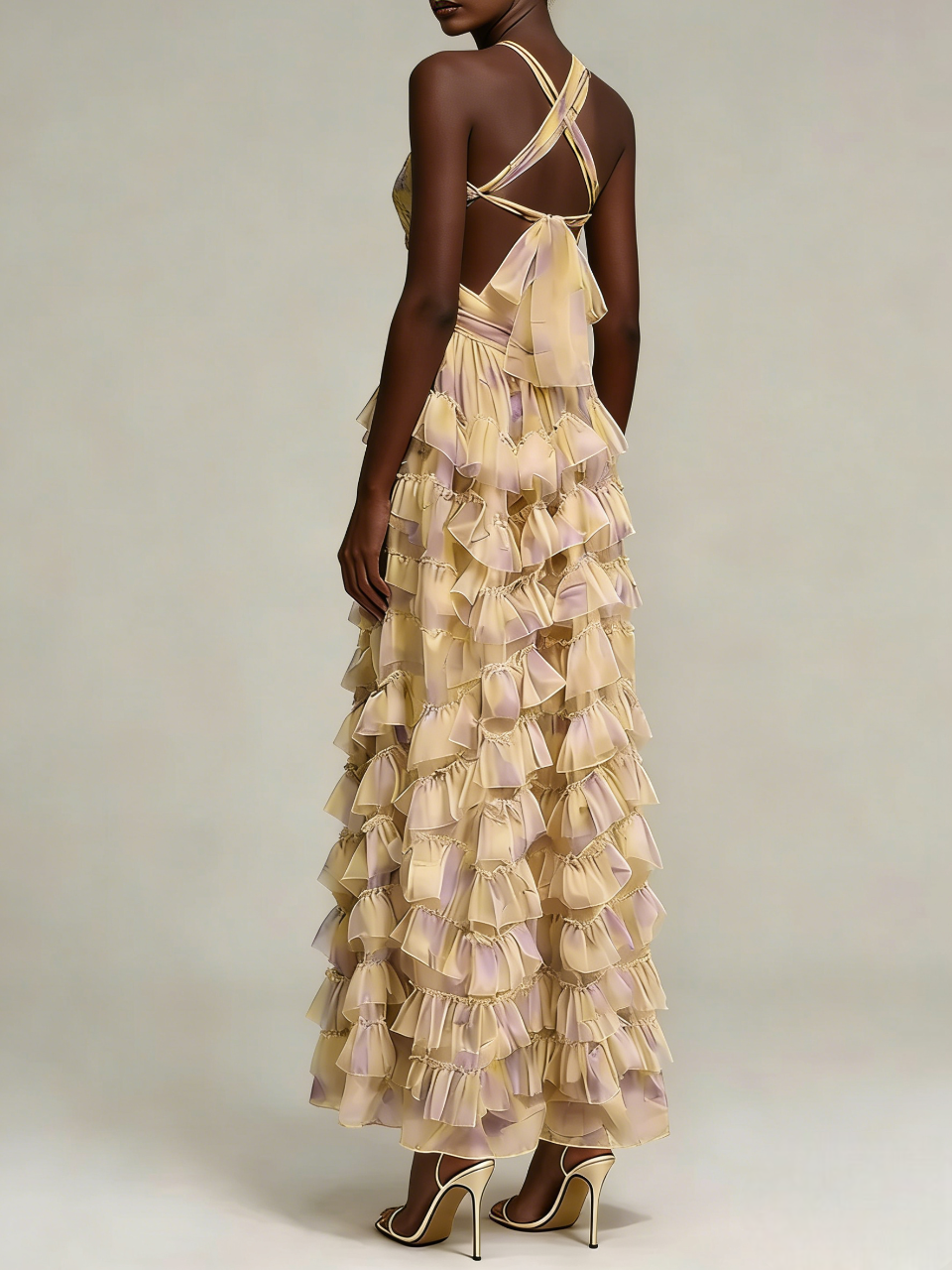 Beige Lavender Floral Ruffle Maxi Dress