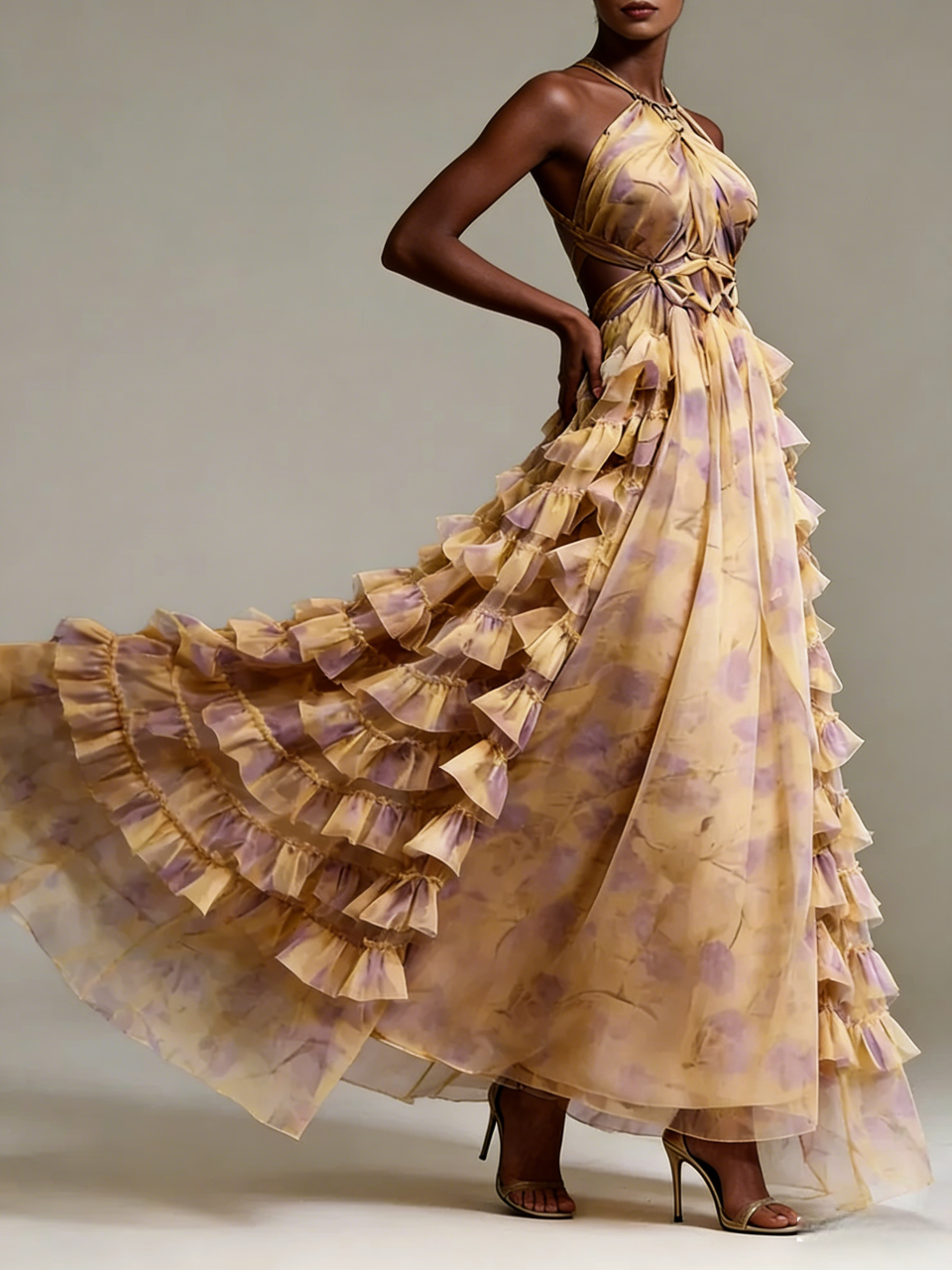 Beige Lavender Floral Ruffle Maxi Dress