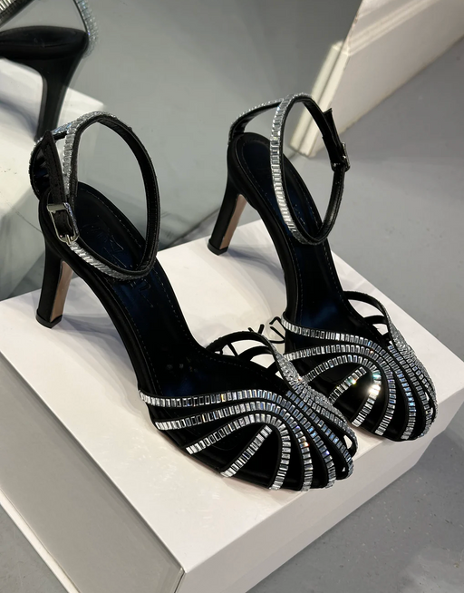 Black Satin Crystal-Embellished High Heel Sandals