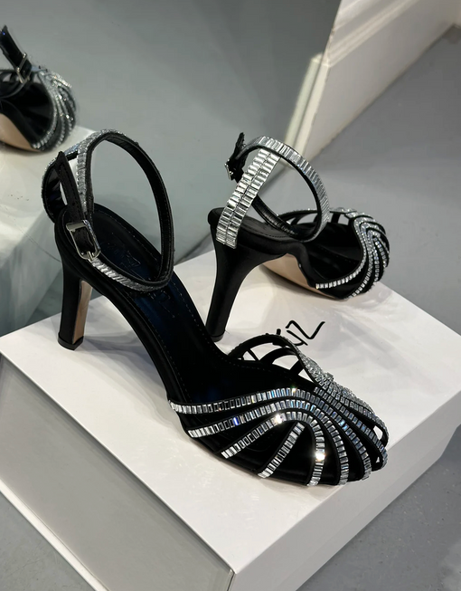 Black Satin Crystal-Embellished High Heel Sandals