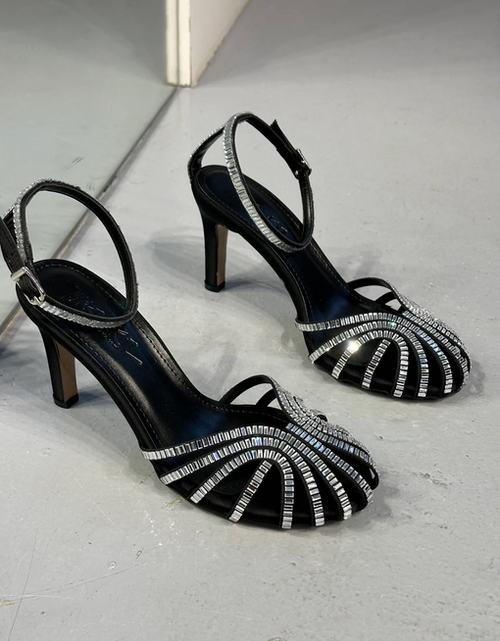 Black Satin Crystal-Embellished High Heel Sandals