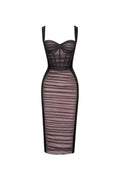 Black Mesh Ruched Corset Midi Dress