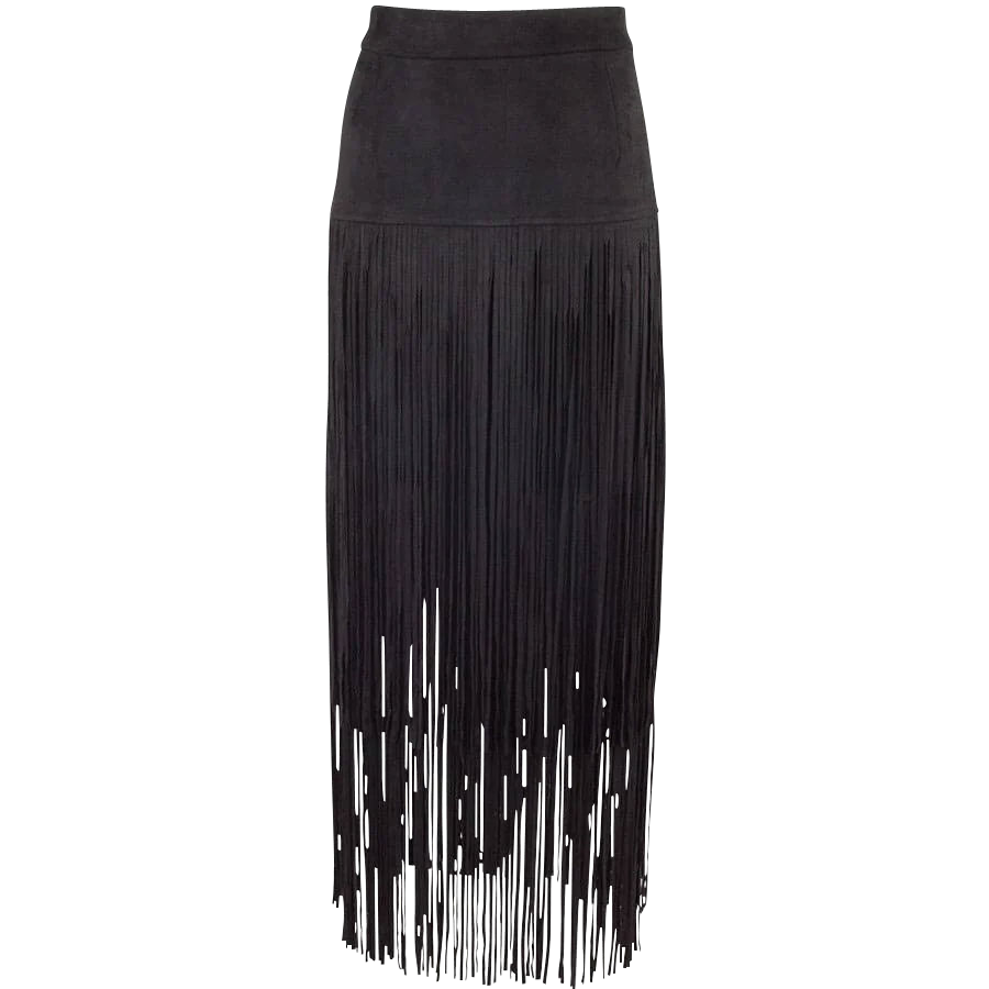 Taupe Faux Suede Tiered Fringe Midi Skirt