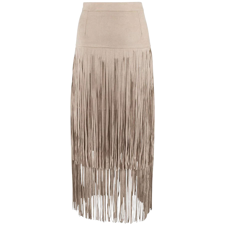 Taupe Faux Suede Tiered Fringe Midi Skirt