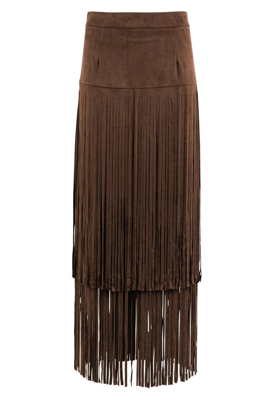 Taupe Faux Suede Tiered Fringe Midi Skirt