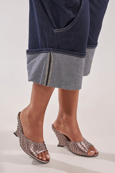 Metallic Rose Gold Studded Wedge Mules