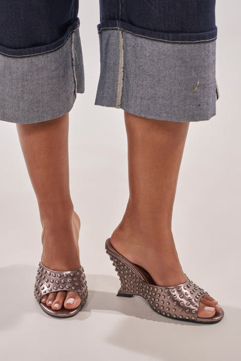 Metallic Rose Gold Studded Wedge Mules