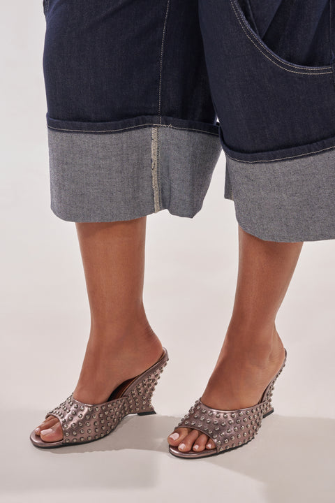 Metallic Rose Gold Studded Wedge Mules