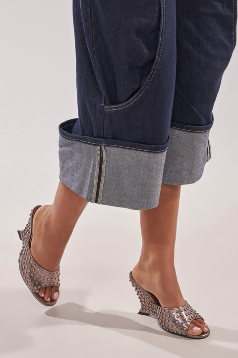 Metallic Rose Gold Studded Wedge Mules